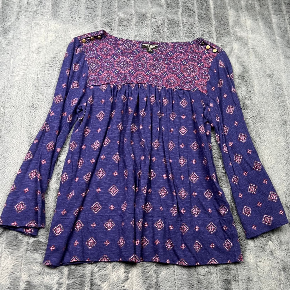 Lucky Brand Purple Pink Medallion Print Empire Waist Button Shoulder Top Size M